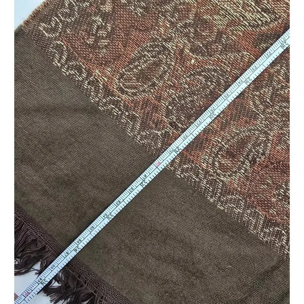 Pashmina Scarf Brown Silk Fringe Rectangle Wrap Boho Paisley 27X69